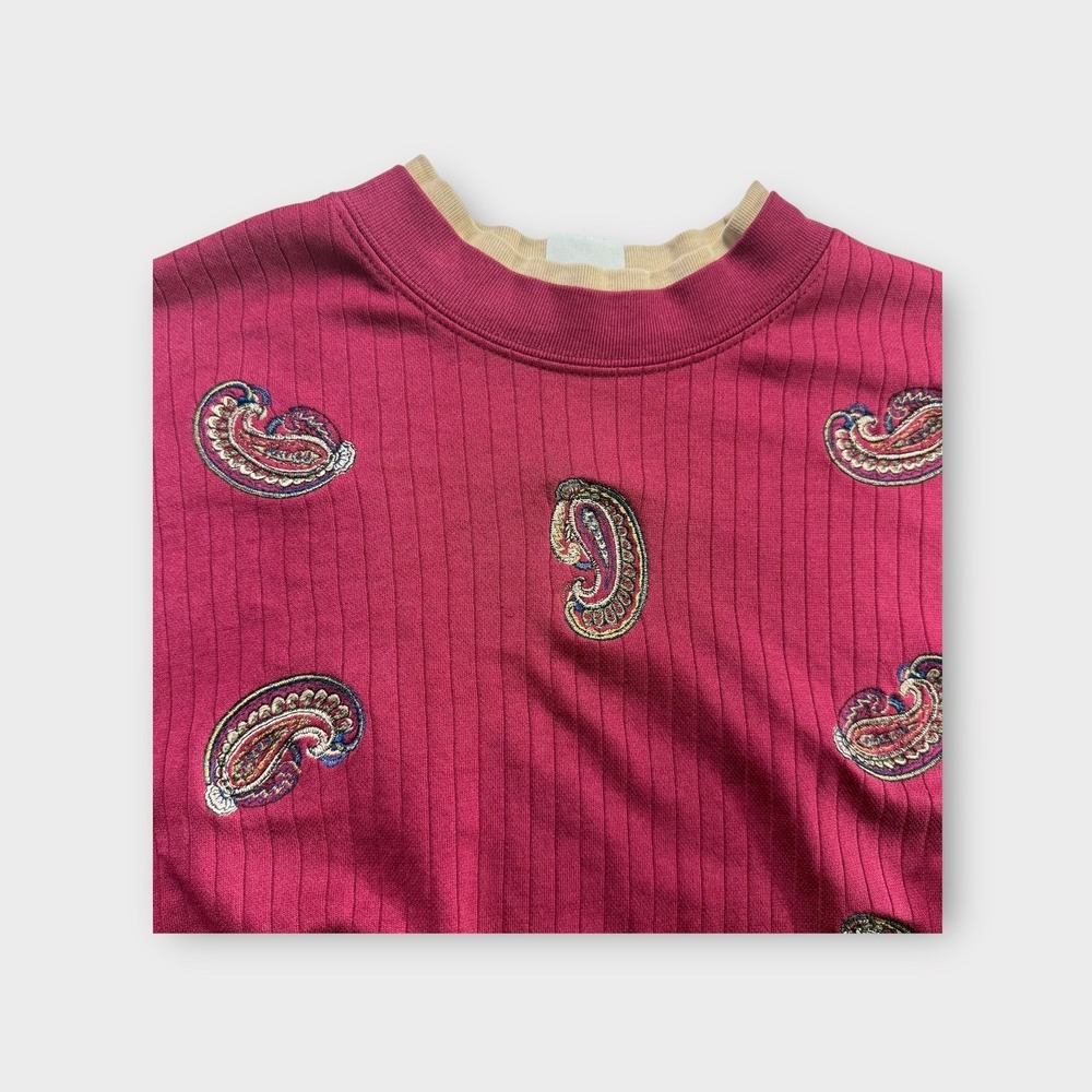 Ribbed Paisley Mock Neck Sweater Top Burgundy Vintage Pullover Sz XL - Picture 10 of 13